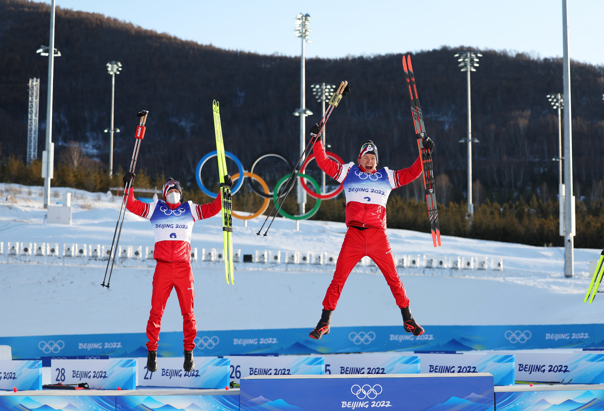 Alexander Bolshunov and Denis Spitsov jumped for joy after claiming gold and silver, respectively ©Getty Images