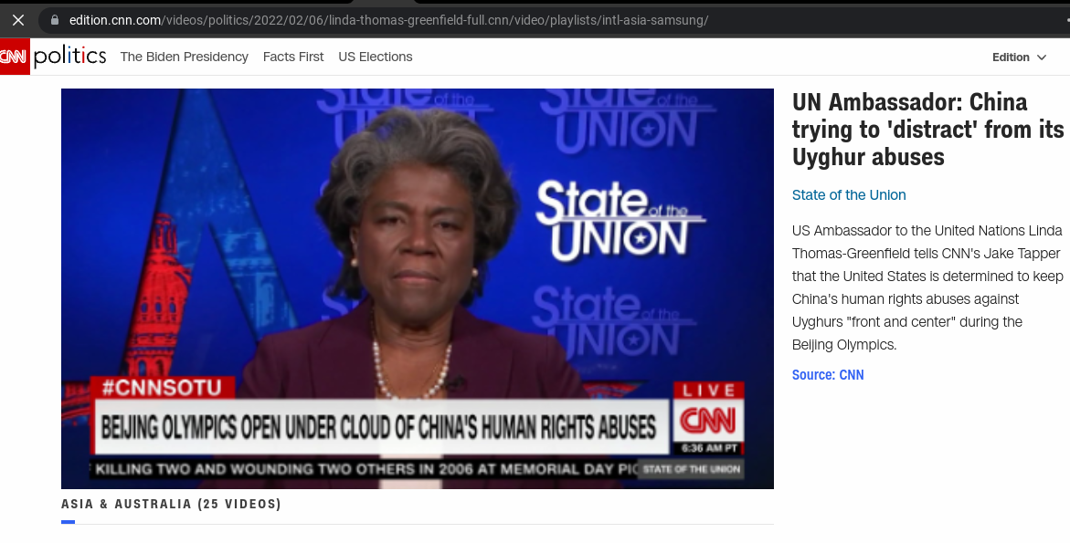 America's UN Ambassador Linda Thomas Greenfield told CNN the decision to use Uyghur cross-country skier Dinigeer Yilamujiang to light the flame at the Opening Ceremony of Beijing 2022 was an attempt to distract people from claims of human rights abuses in China ©CNN