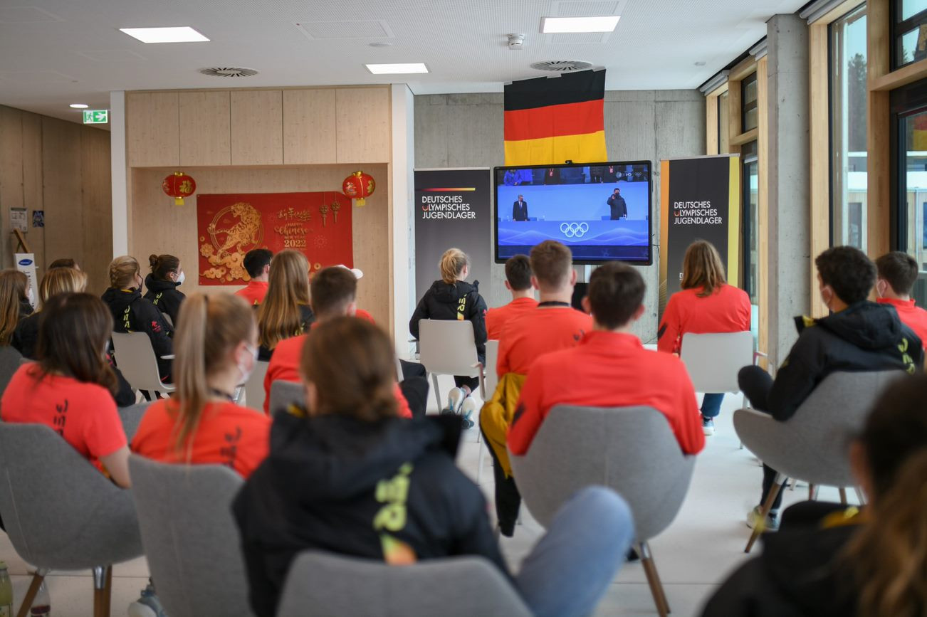 Participants watched the Beijing 2022 Opening Ceremony at the camp ©DOSB