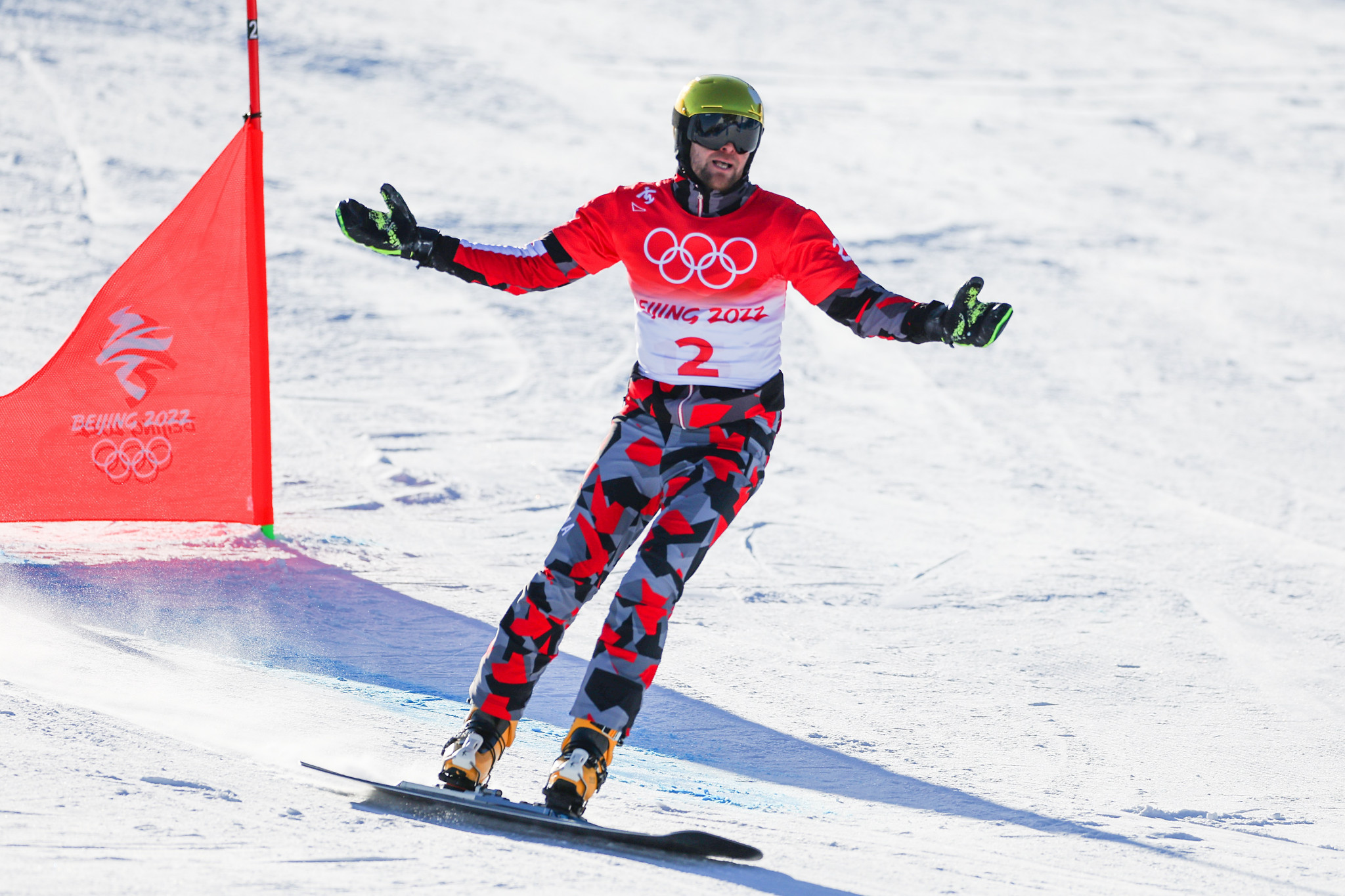 Benjamin Karl celebrated winning men's parallel giant slalom gold in Beijing ©Getty Images