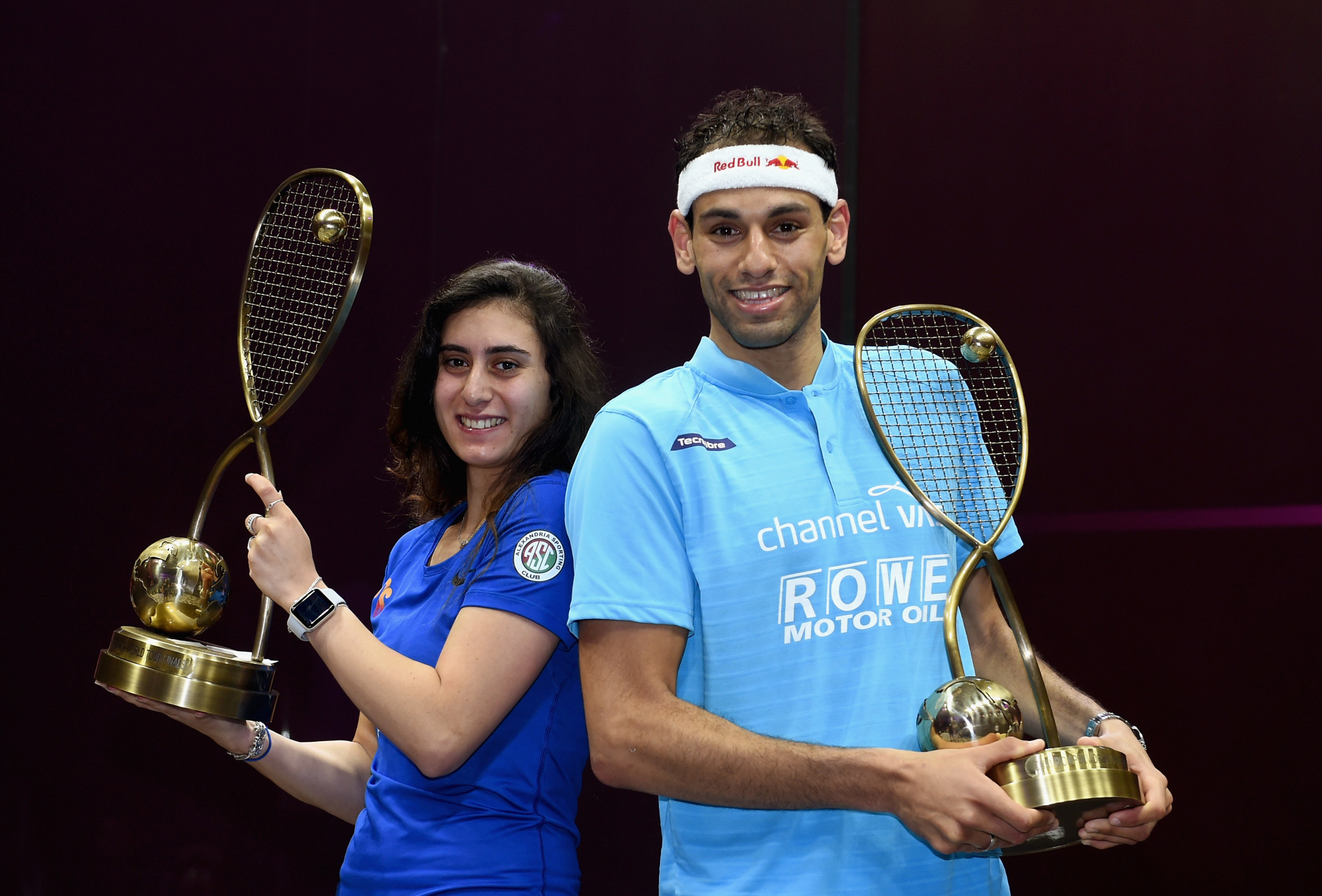 Nour El Sherbini, left, remains top of the women's rankings, while Mohamed Elshorbagy, right, is third in the men's world rankings ©Getty Images