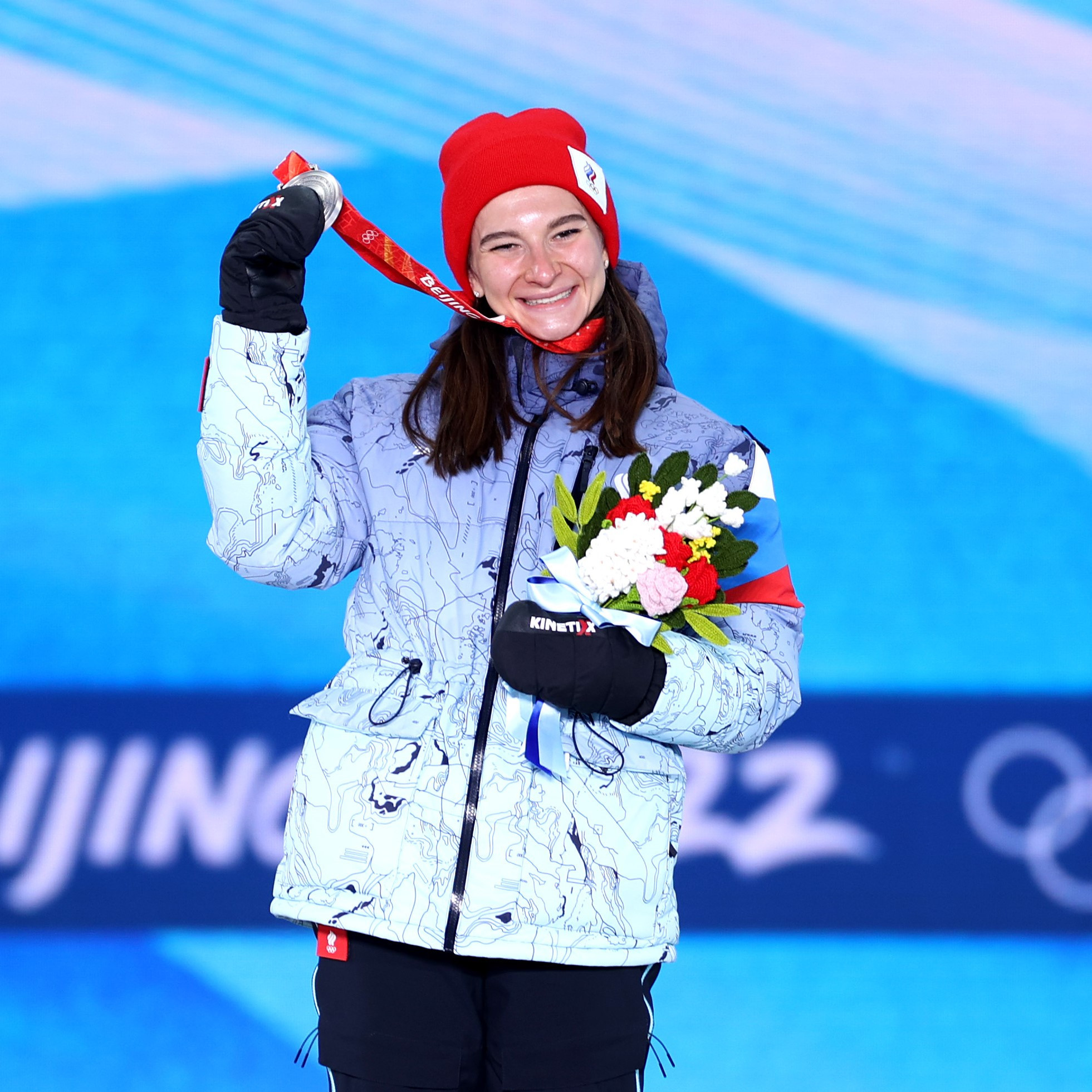 Natalia Nepryaeva of the Russian Olympic Committee celebrates her silver medal in the women's 15 kilometres skiathlon ©Getty Images  