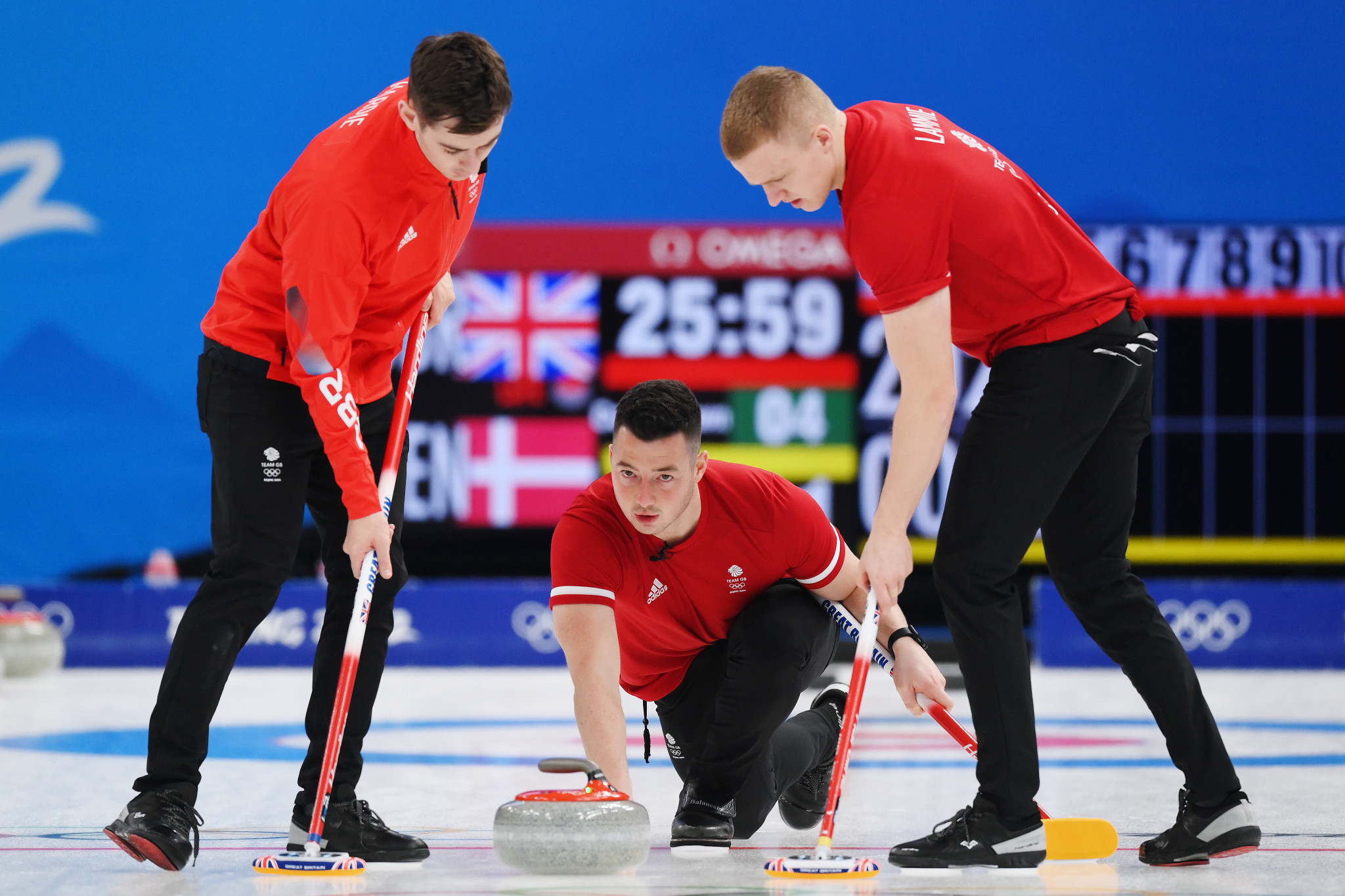 Action from the men's curling round robin match between Britain and Denmark ©Getty Images