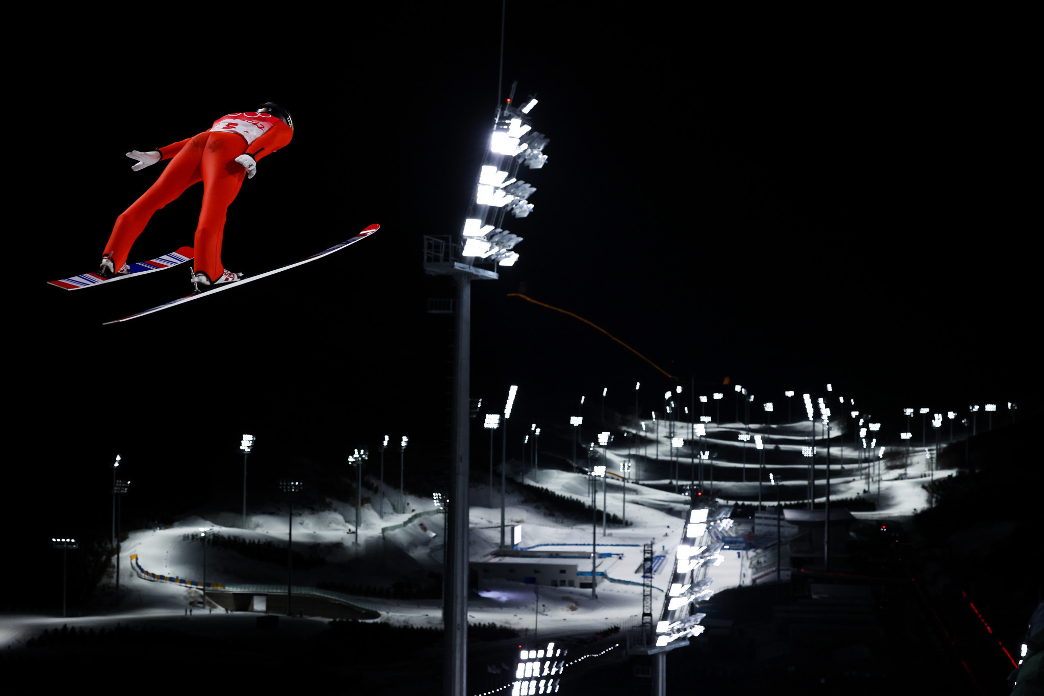 Switzerland's Dominik Pieter competes in the men's team ski jumping competition, which was won by the Austrian team ©Getty Images 