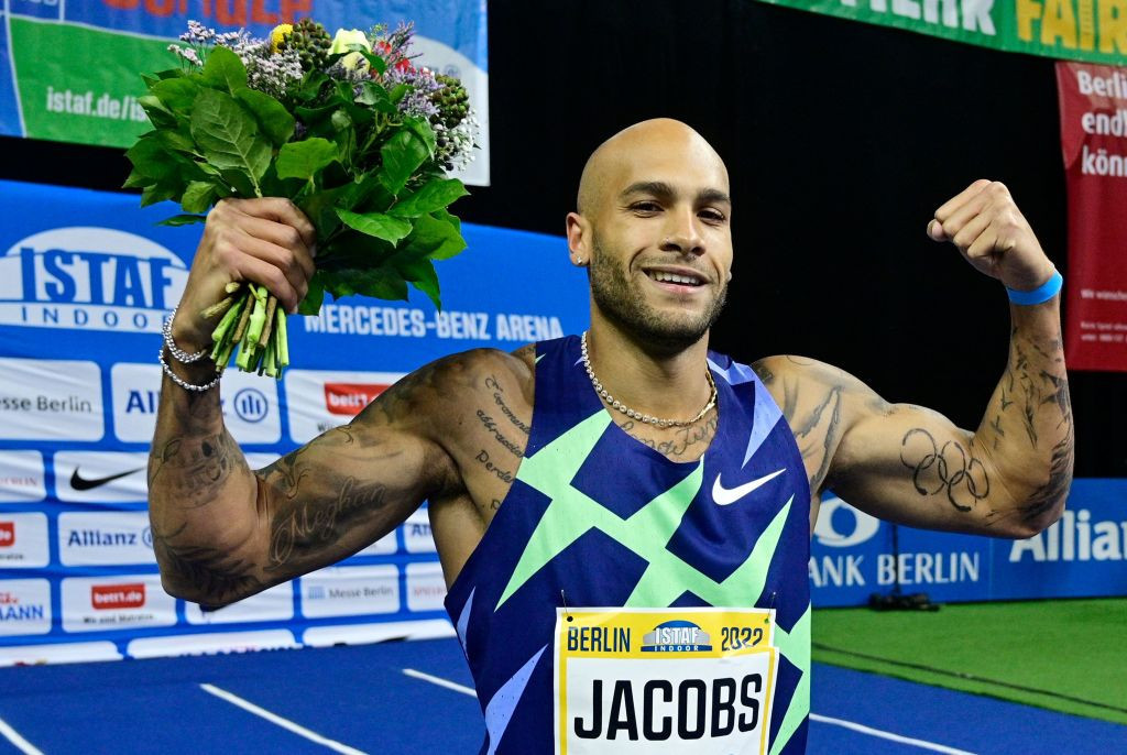 Italy's Olympic 100m champion Lamont Marcell Jacobs will run over 60m in Liévin tomorrow at the fourth of this season's World Athletics Indoor Tour Gold meetings ©Getty Images