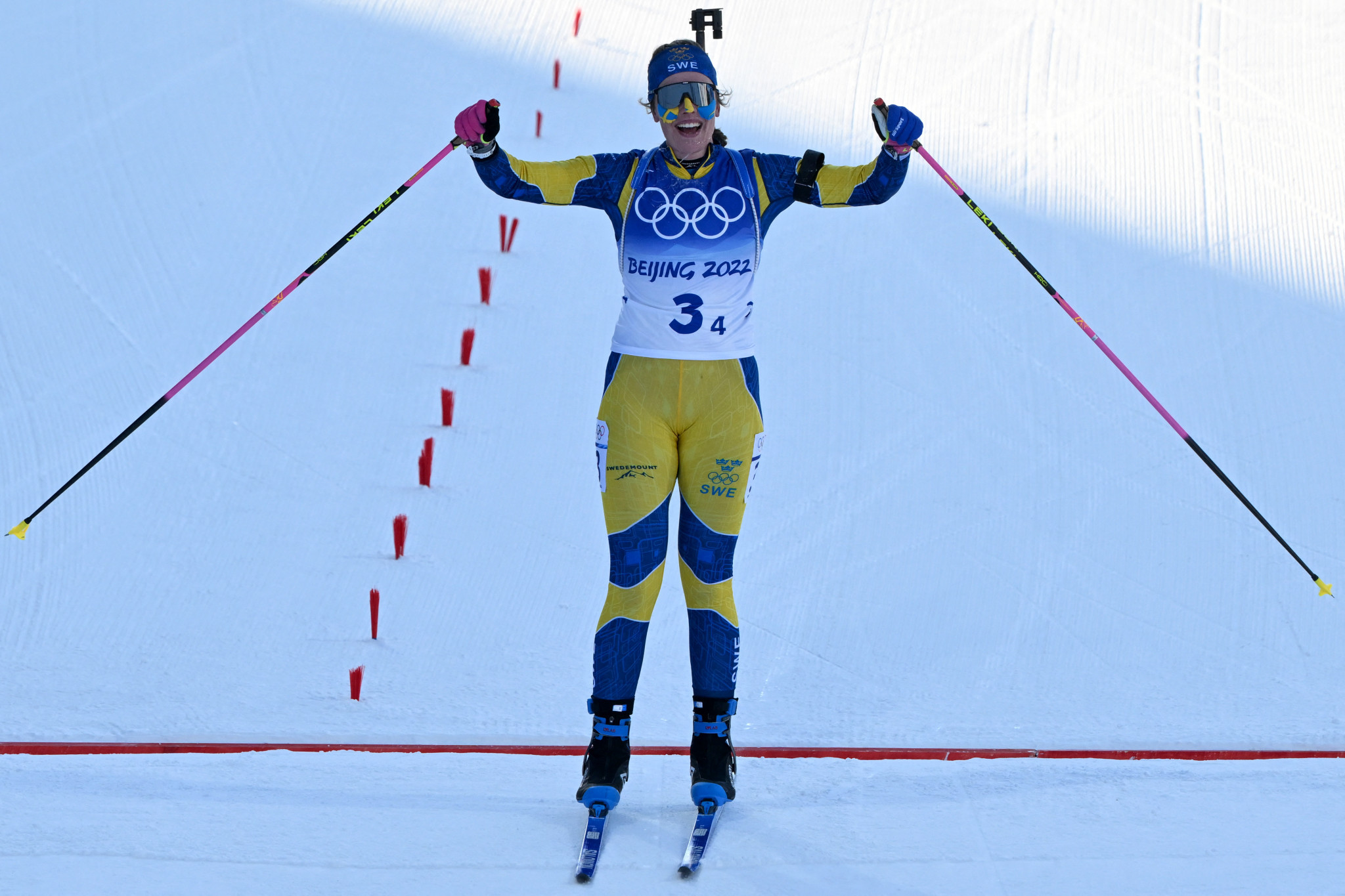 Not far behind, Elvira Öberg won a third medal of these Olympics as Sweden triumphed in the women's 4x6km biathlon race ©Getty Images