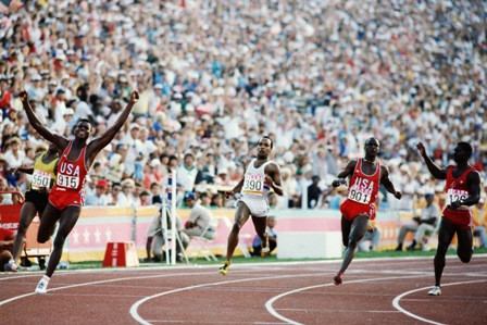 Carl Lewis won the men's 100m at Los Angeles 1984 - but was not moving as fast as a NASCAR vehicle ©Getty Images