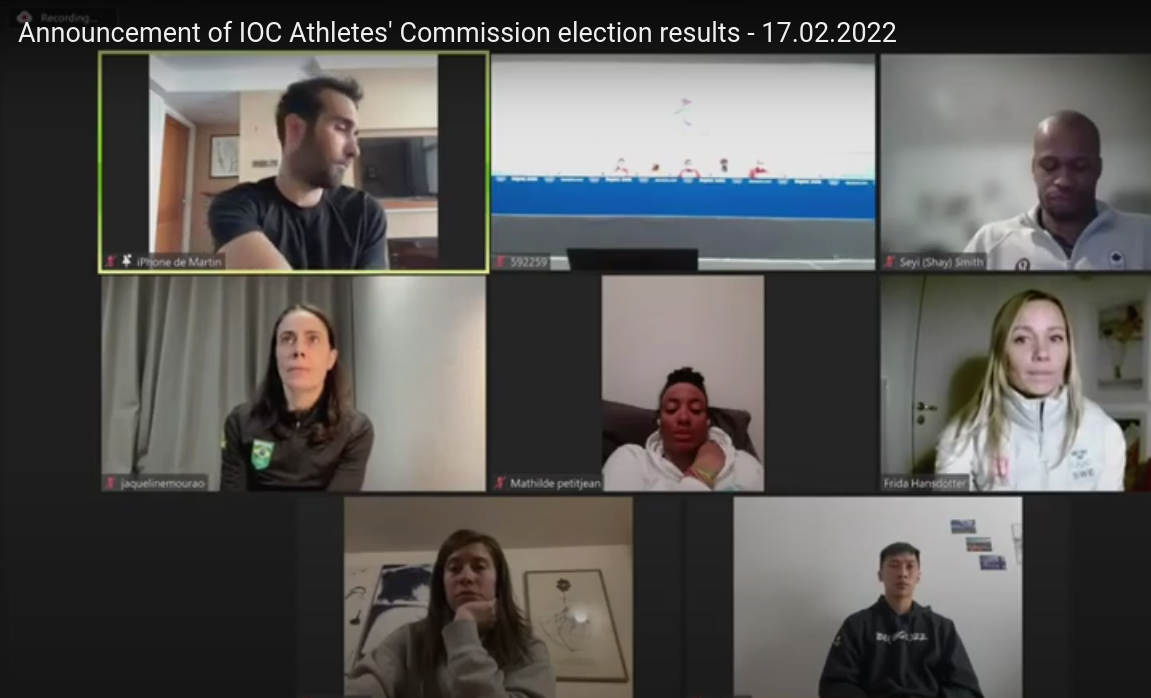Some candidates, including Martin Fourcade, top left, and Frida Hansdotter, bottom right on middle line, joined the result announcement online ©IOC