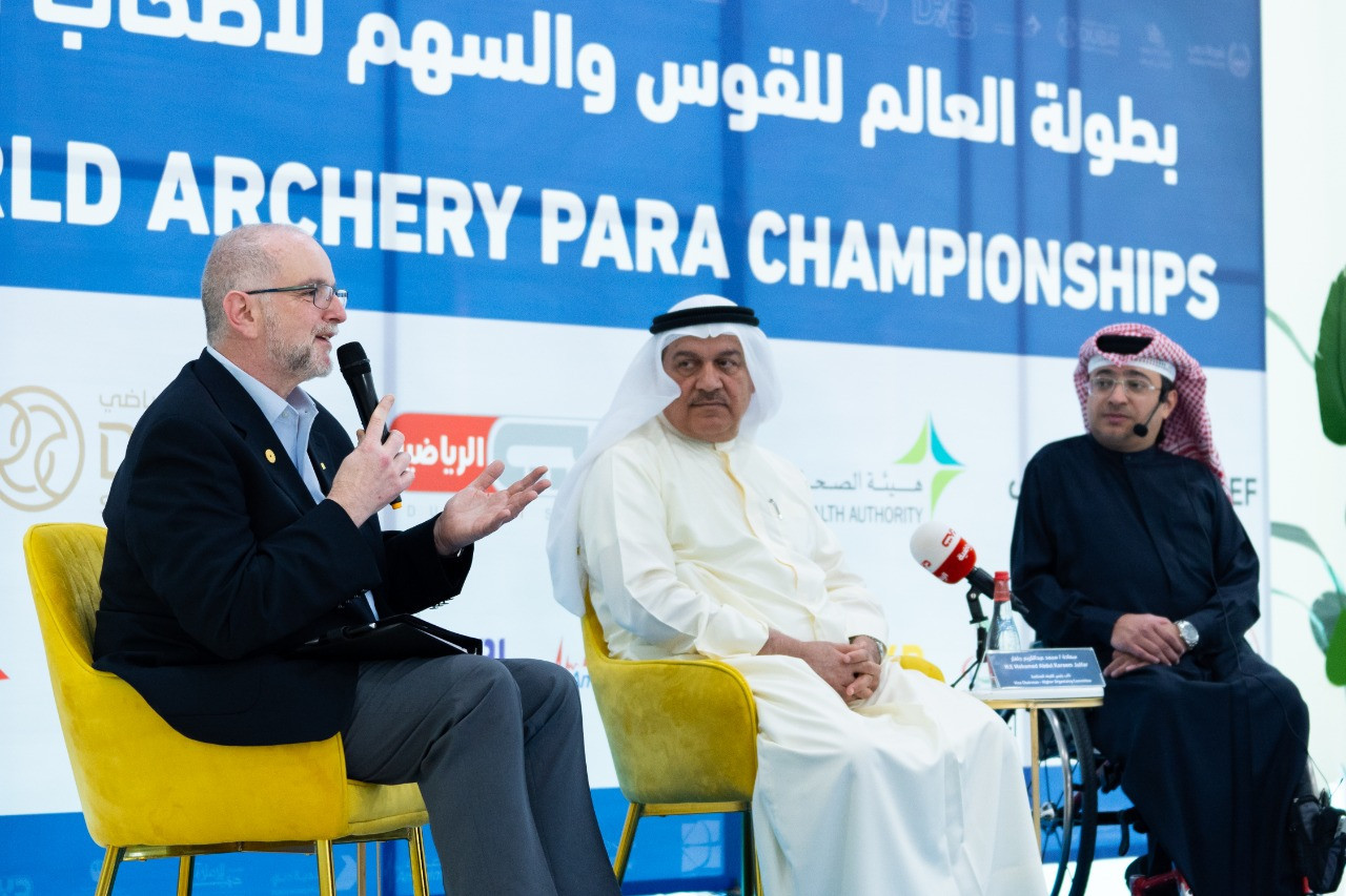 World Archery’s chair of the Para Committee Dominique Ohlmann, left, vice chairman of Dubai 2022 Championships Mohammed Abdul Karim Julfar, middle, and director Majid Rashed, right, at the press conference ©LOC Media