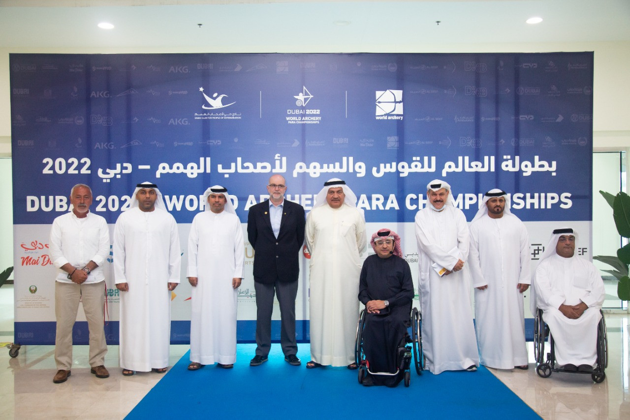 Members of the Higher Organising Committee and World Archery’s chair of the Para Committee Dominique Ohlmann, fourth from left ©LOC Media