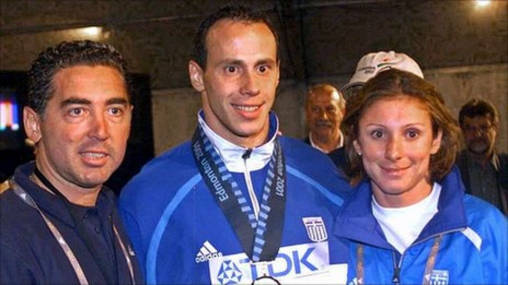 Duncan Mackay suffered abuse after exposing Greek sprinters Kostas Kederis, centre, and Ekaterina Thanou, right, along with coach Christos Tzekos, left, for being involved in a drugs programme ©Getty Images