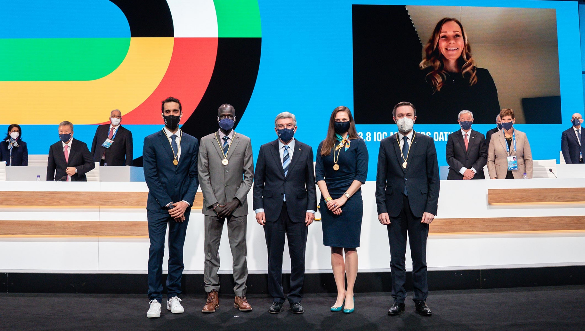 IOC President Thomas Bach welcomes Martin Fourcade, Yiech Pur Biel, Danka Barteková and David Lappartient as new IOC members with Frida Hansdotter joining remotely ©IOC