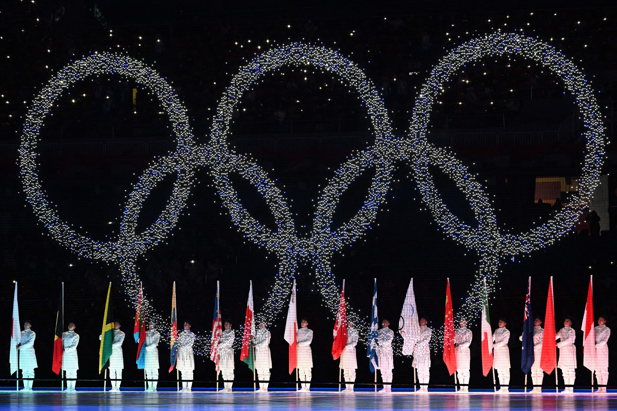 The Olympic Rings were raised and displayed as the Olympic Flame was extinguished ©Getty Images