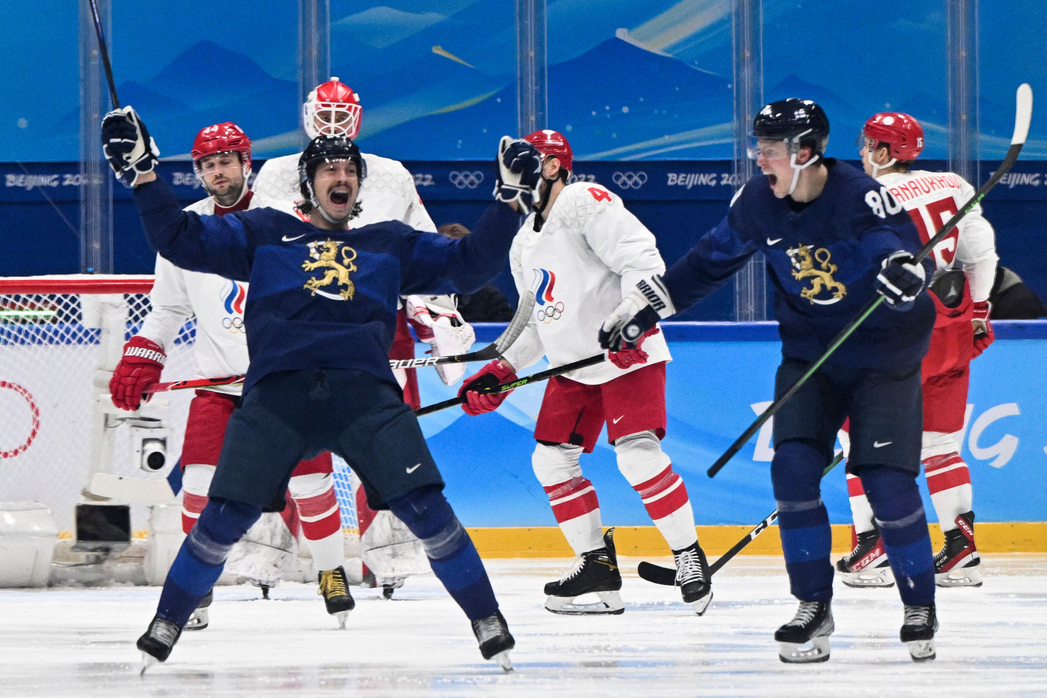 Hannes Björninen, left, scored the winner in the third period as Finland beat the Russian Olympic Committee 2-1 to earn their first-ever Olympic ice hockey gold medal ©Getty Images