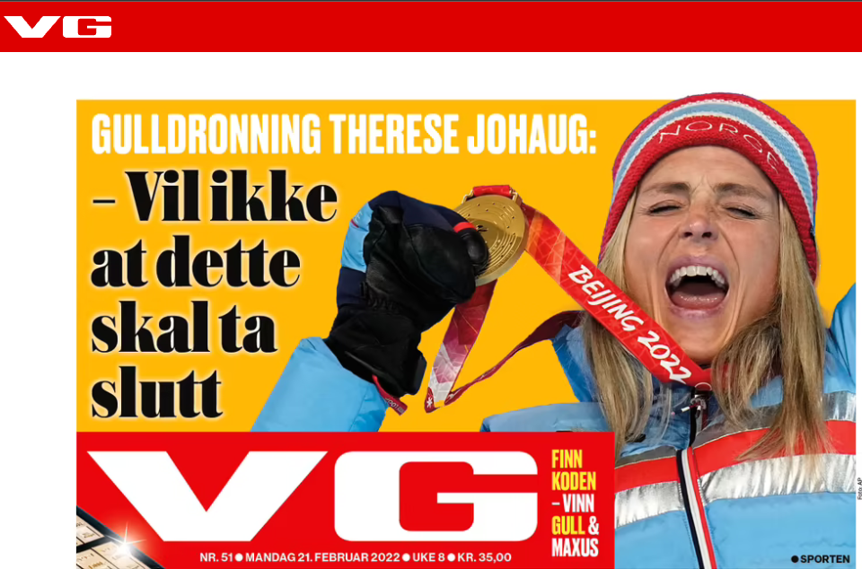 Therese Johaug's cross-country gold was front-page news in Norway today ©VG