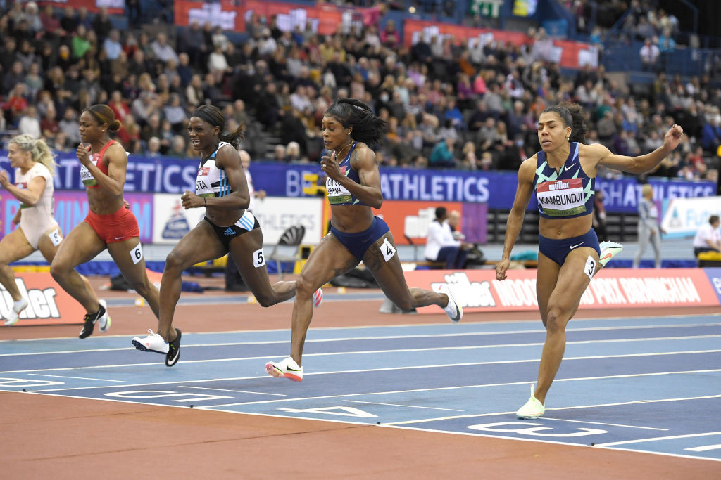 Olympic 100m and 200m champion Elaine Thompson-Herah, second right, won her opening race of the season over 60m ©Getty Images