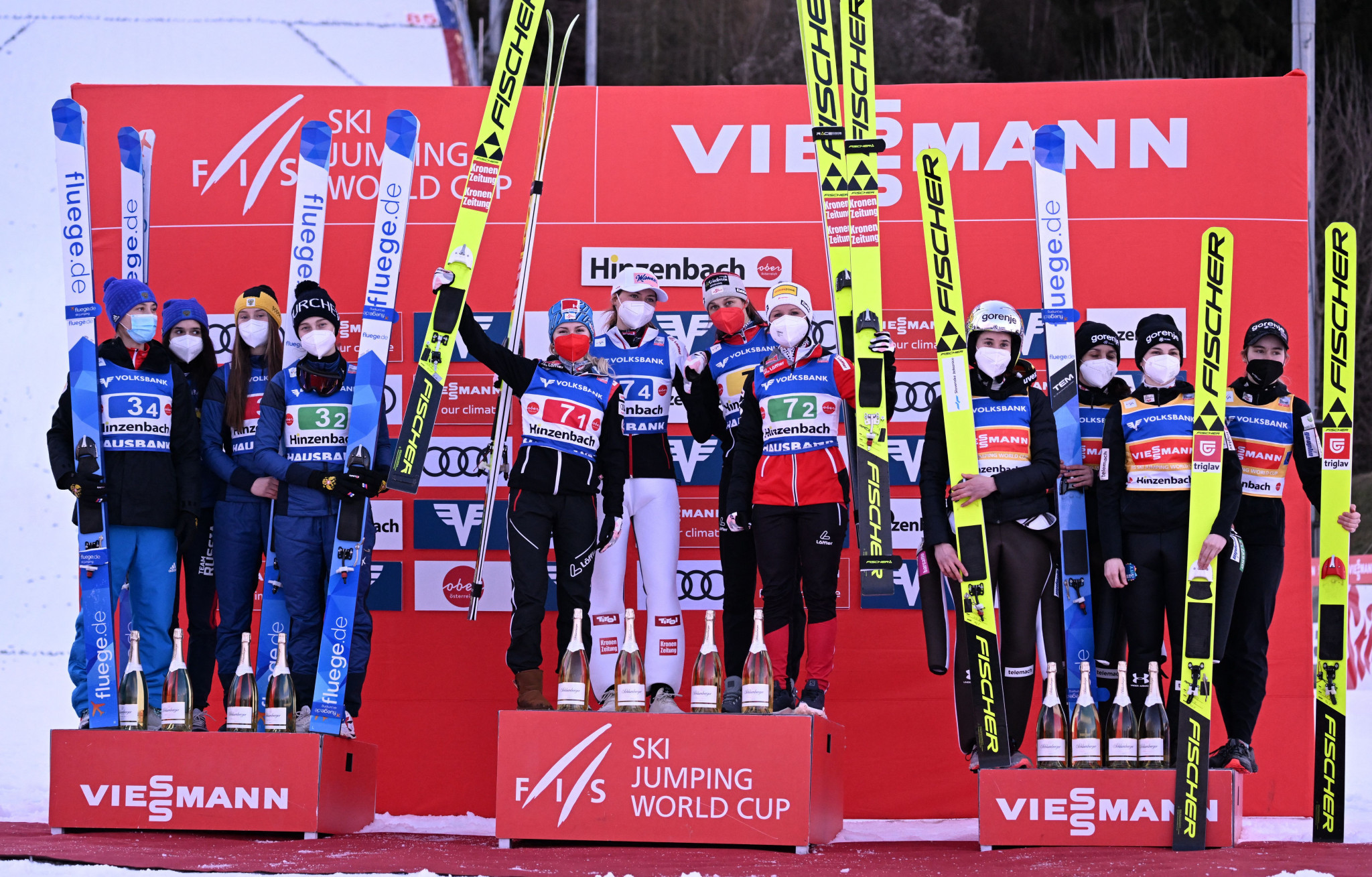 Austria triumphed on home snow in the women's team HS90 competition at the World Cup in Hinzenbach ©Getty Images 