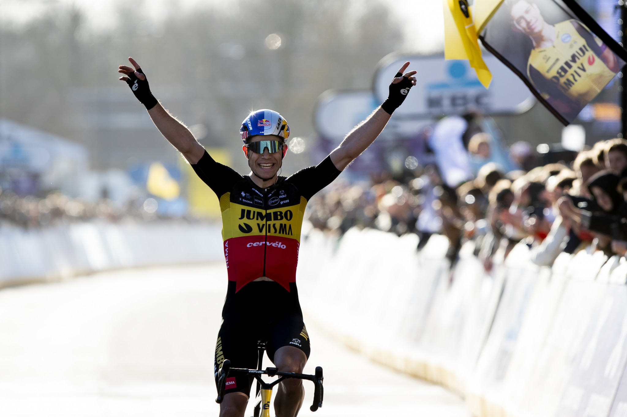 Wout van Aert secured victory in the Omloop Het Nieuwsblad in front of home support ©Getty Images