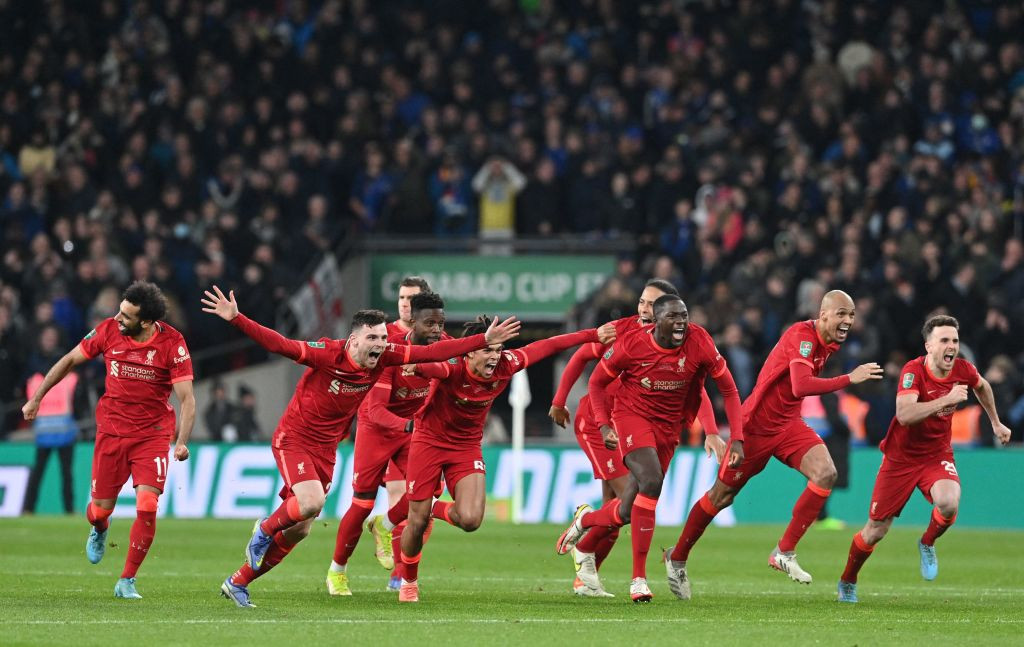 Nothing beats the drama of a penalty shootout; Liverpool's players acclaim the decisive miss in yesterday's Carabao Cup final at Wembley ©Getty Images