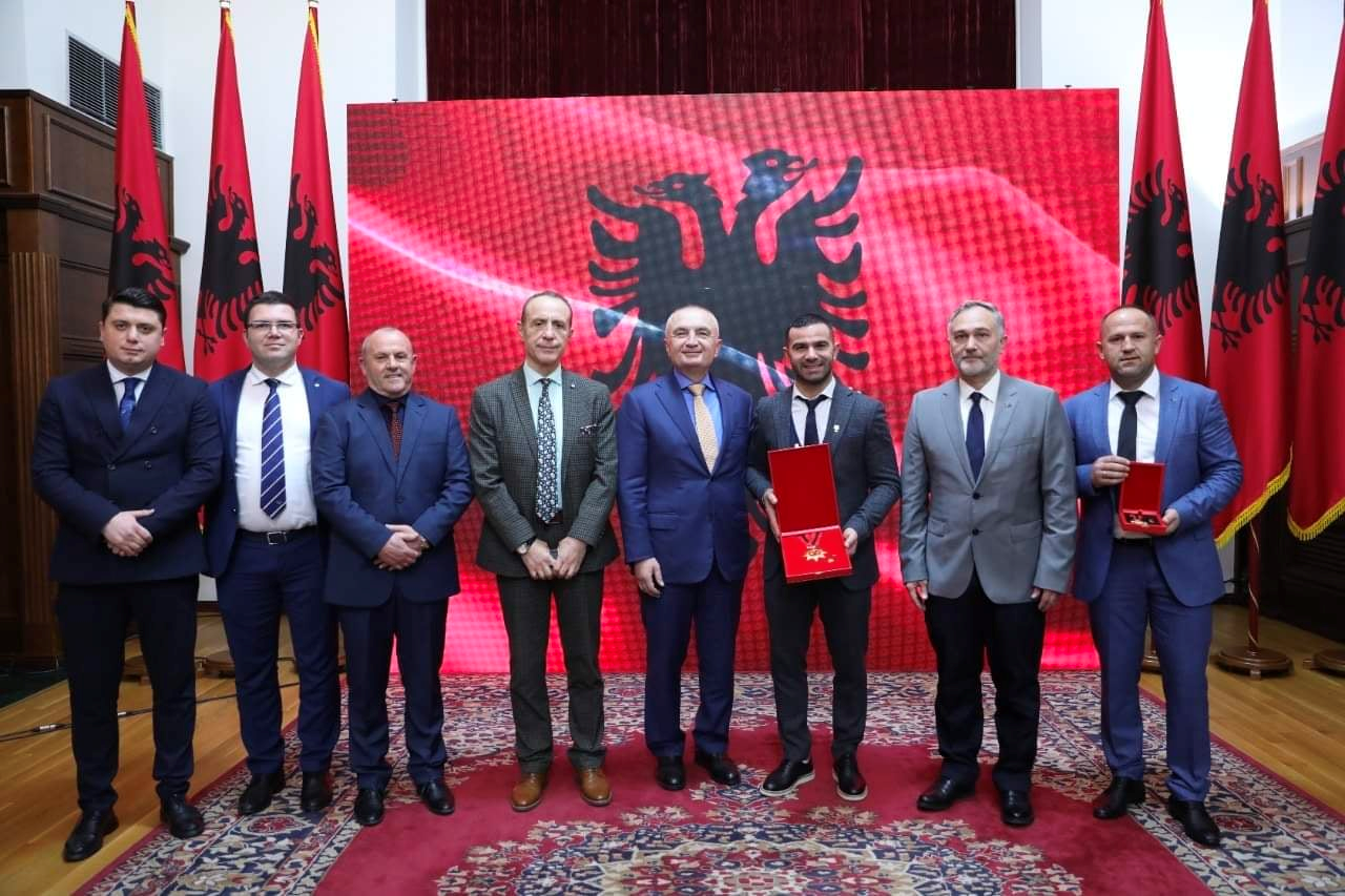 EWF officials with the President of Albania, Ilir Meta, centre, in Tirana ©EWF
