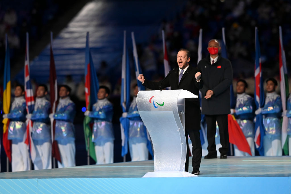 IPC President Andrew Parsons, pictured during Friday's Opening Ceremony at the Beijing 2022 Paralympics, said threatened boycotts had obliged a change in policy regarding the banning of Russian and Belarus athletes ©Getty Images