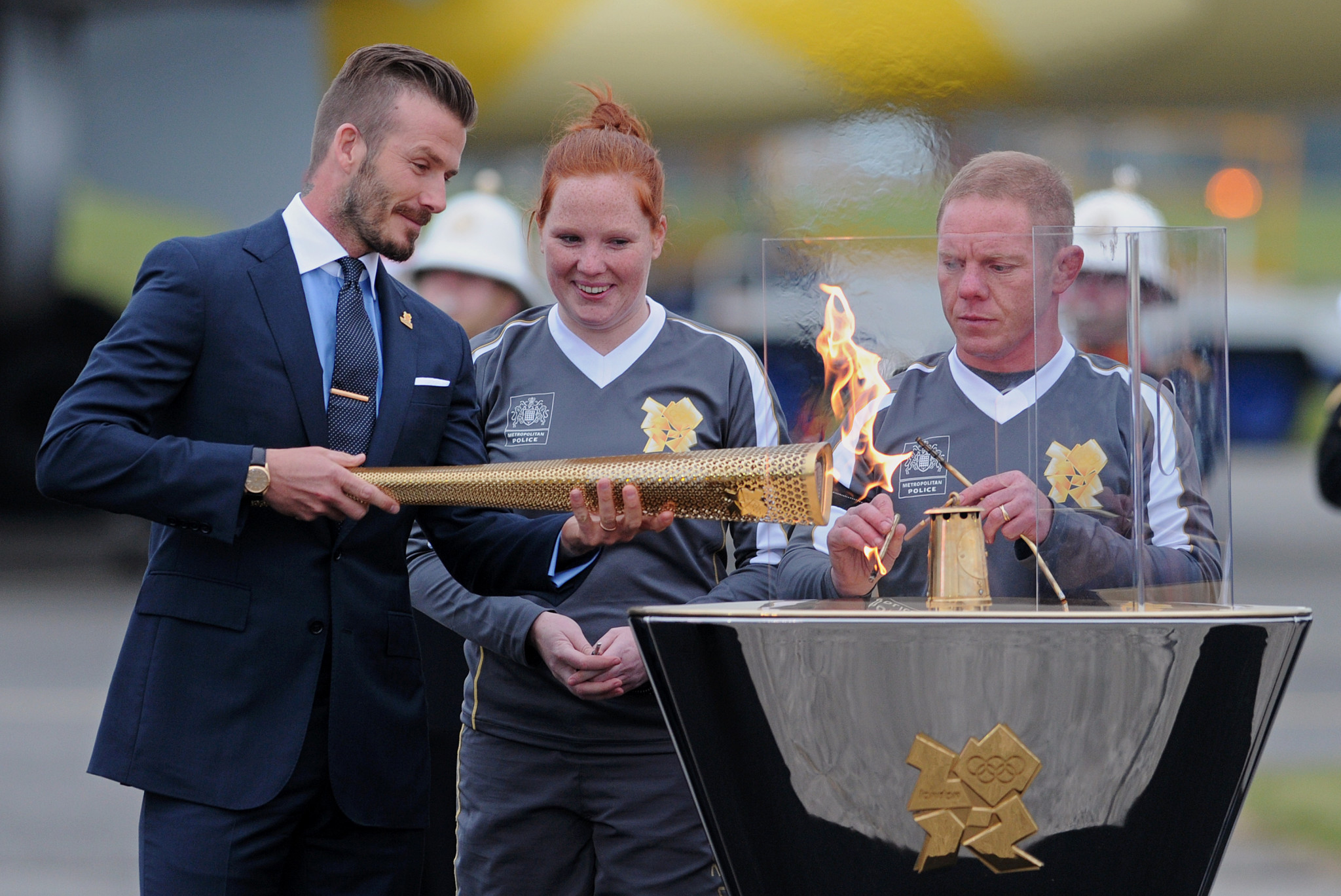 David Beckham lit the Olympic Cauldron to mark the start of the London 2012 Torch Relay at Culdrose naval airbase in Cornwall ©Getty Images