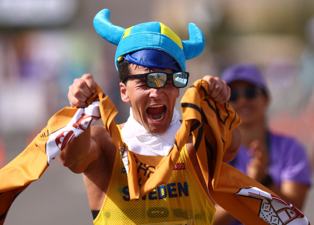 Sweden's Perseus Karlstrom was an exuberant winner of the first 35km race to be held within the World Athletics Race Walking Team Championships in Muscat ©Getty Images