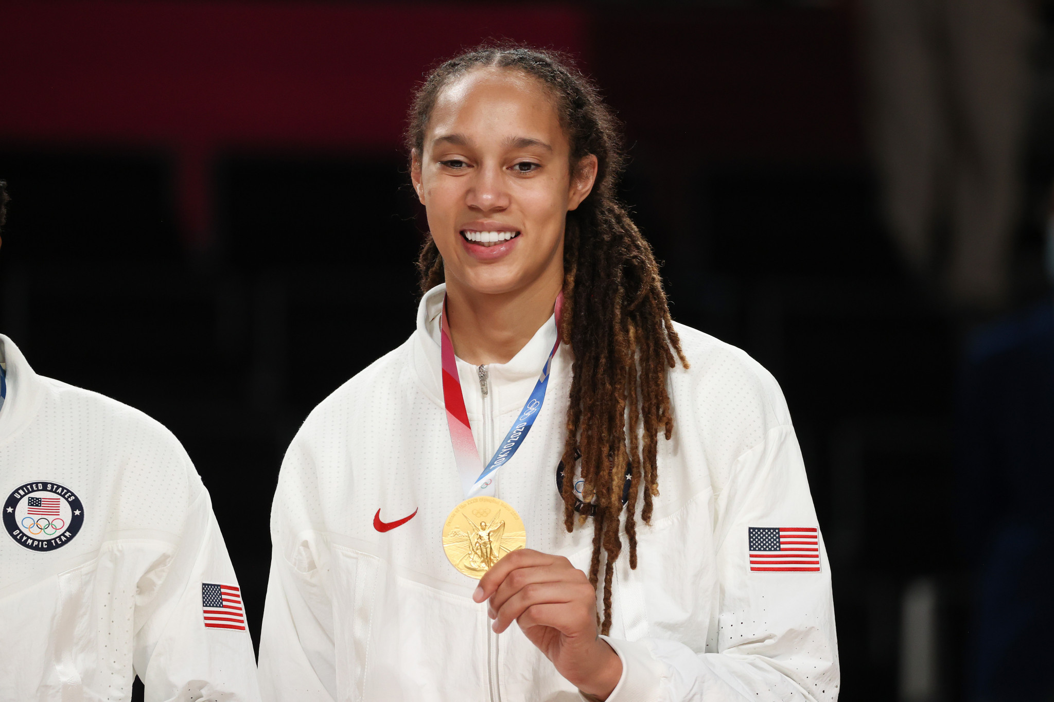 Brittney Griner shows off her gold medal after helping the United States' women's basketball team claim the title at last year's Olympics in Tokyo ©Getty Images