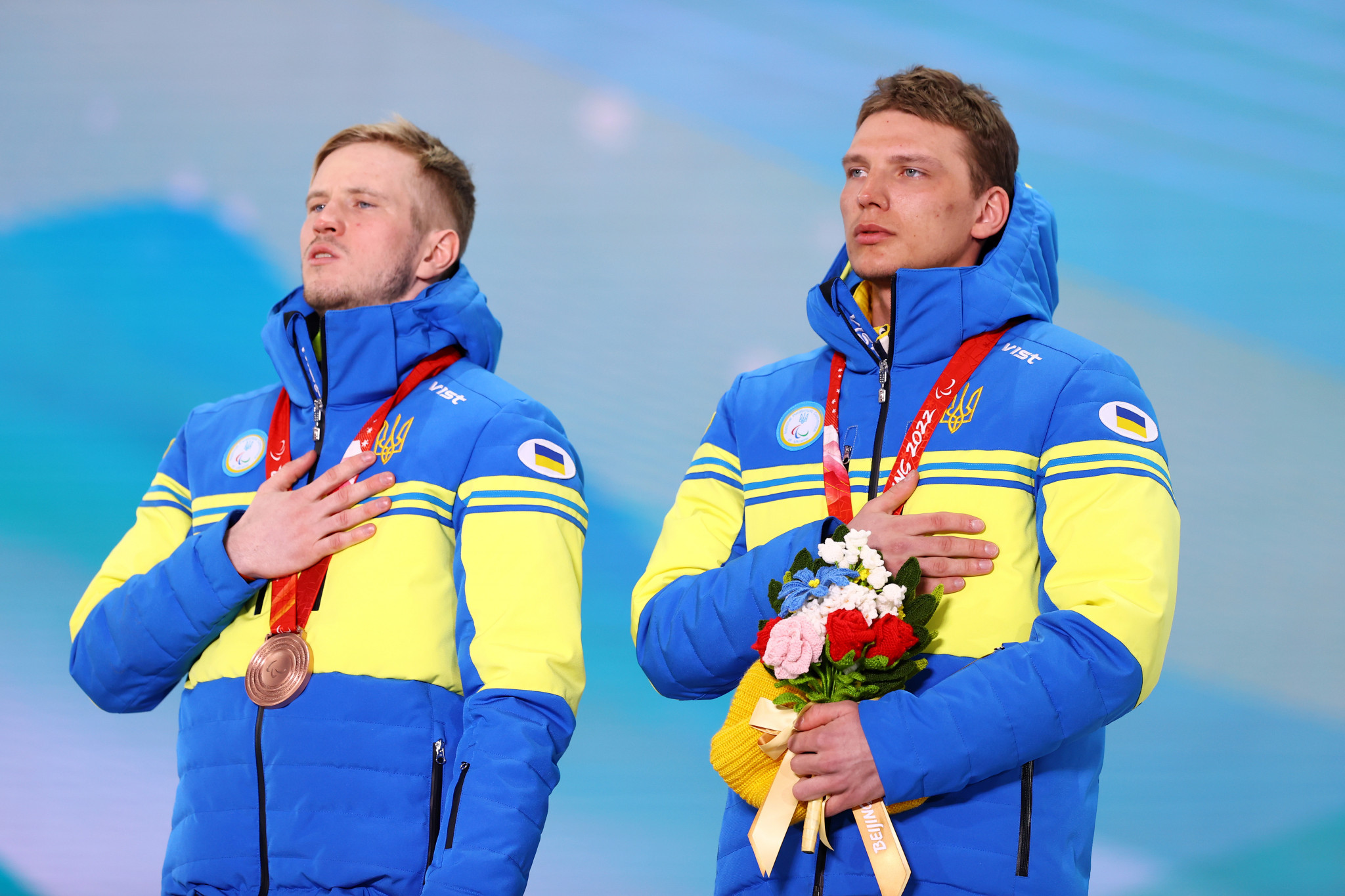 Dmytro Suiarko, left, and guide Oleksandr Nikonovych won bronze medals in the Para biathlon vision impaired men’s sprint ©Getty Images