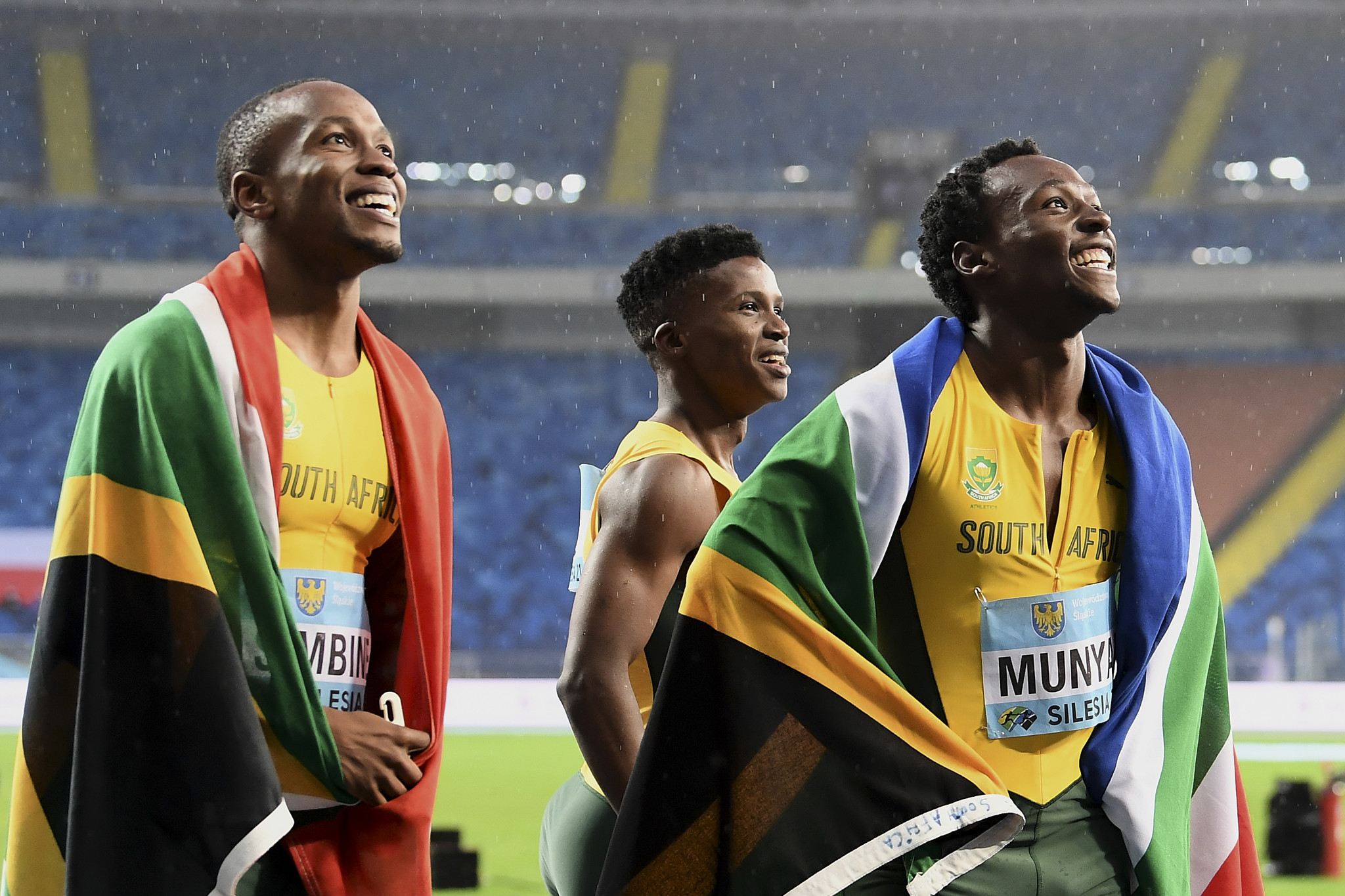 South Africa will lose a men's 4x100m gold medal because of Thando Dlodlo, centre, failing a drugs test ©Getty Images