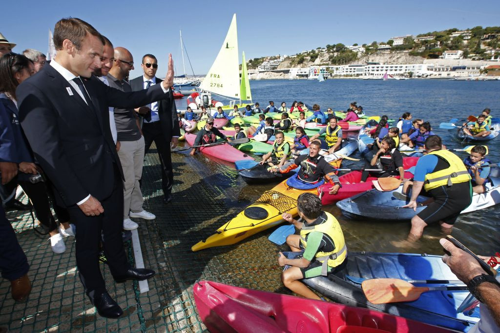 French President Emmanuel Macron visits the site of the Paris 2024 sailing events at the 