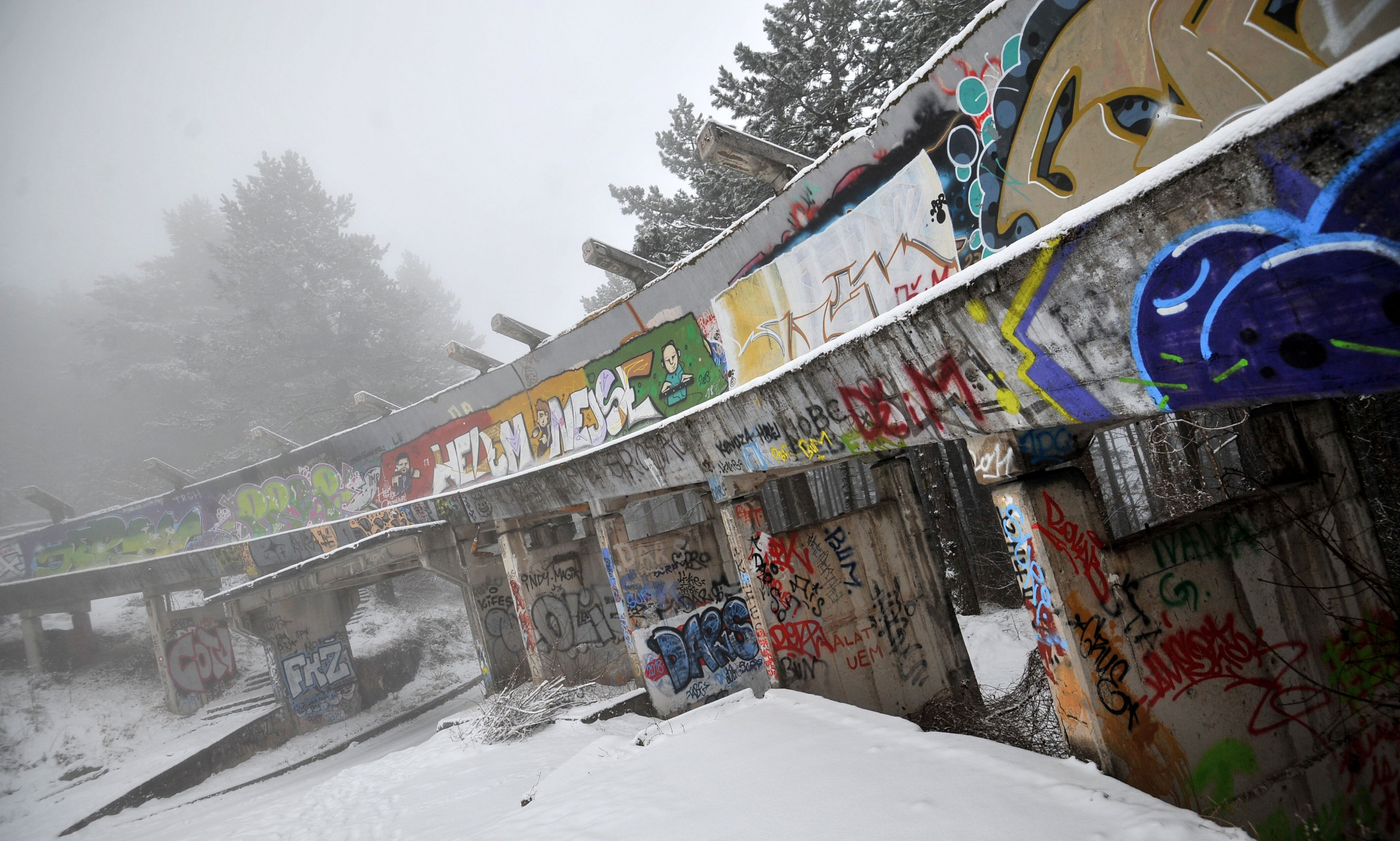 The Sarajevo 1984 sliding track, pictured covered in graffiti in 2019 ©Getty Images