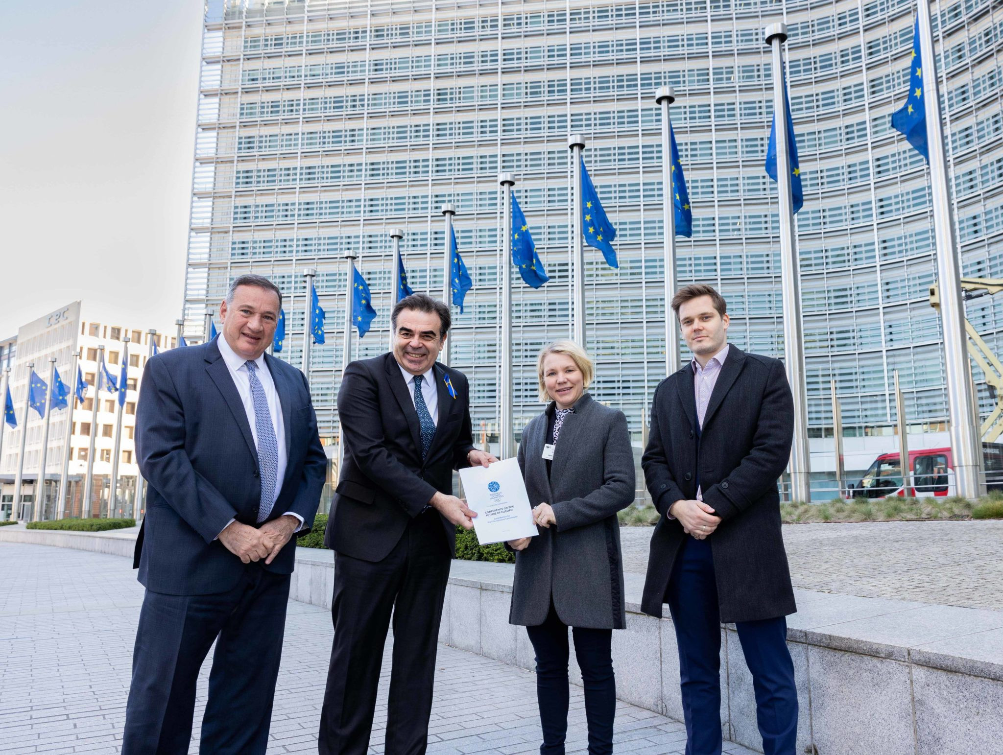 EOC President Spyros Capralos, left, was able to brief European Commission vice-president Margaritis Schinas, second left, over progress on providing humanitarian aid to the Ukrainian Olympic community when they met with athlete representatives from the IOC and EOC in Brussels ©Getty Images