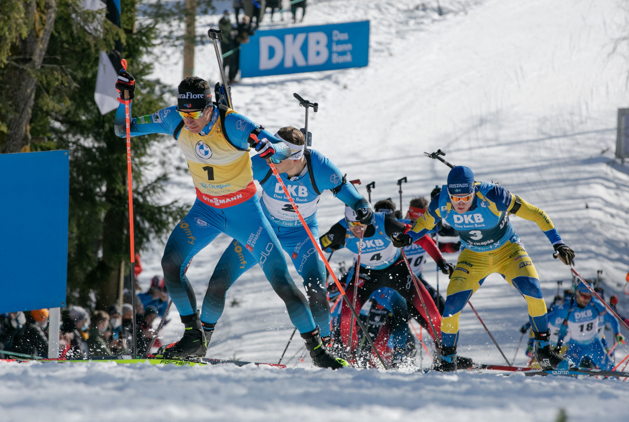 Quentin Fillon Maillet, front left, clinch the Biathlon World Cup by finishing second in Otepää in Estonia ©Getty Images