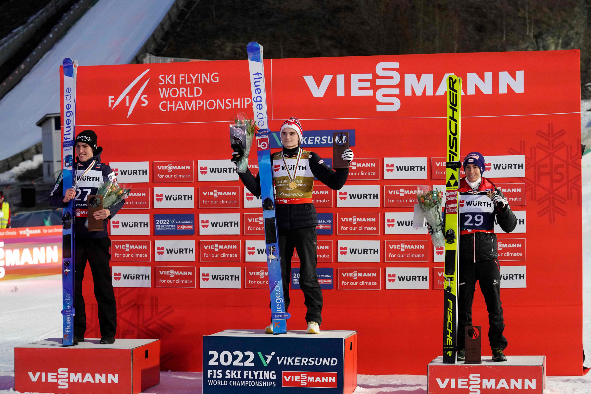 Marius Lindvik finished in the top three in each of the rounds to secure victory and become the fourth Norwegian to lift the FIS Ski Flying World Championships title ©Getty Images