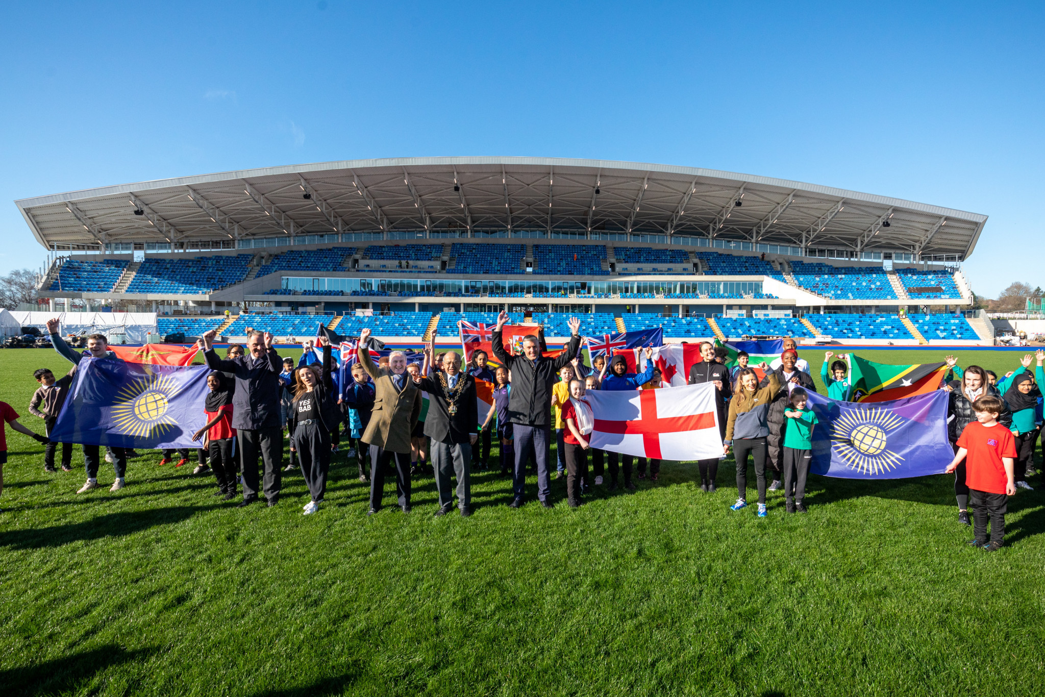 Schoolchildren and athletes marked Commonwealth Day at Alexander Stadium ©Birmingham 2022