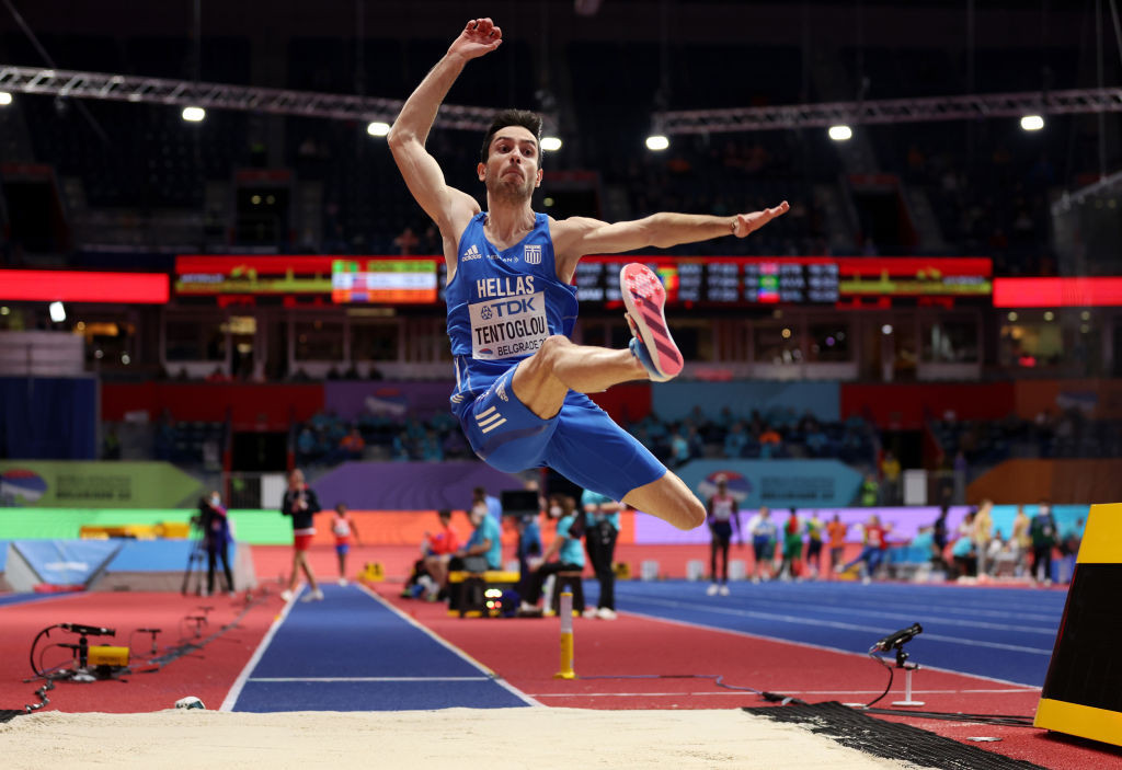 Greece's Olympic long jump champion Miltiadis Tentoglou marked his 24th birthday by winning world indoor gold in Belgrade with 8.55m - just seven centimetres short of the Championship record ©Getty Images