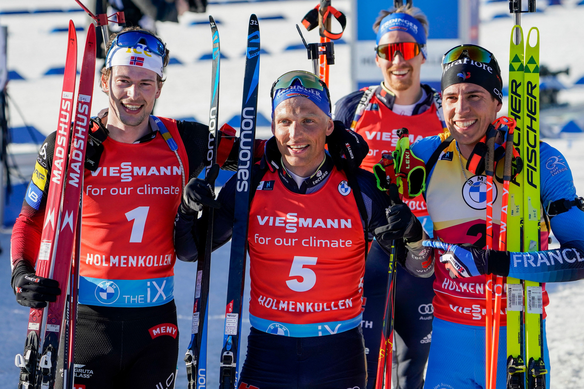Sturla Holm Laegreid of Norway, Erik Lesser of Germany and Quentin Fillon Maillet of France secure their places on the podium in the men's 12.5km pursuit event at the IBU World Cup in Holmenkollen ©Getty Images