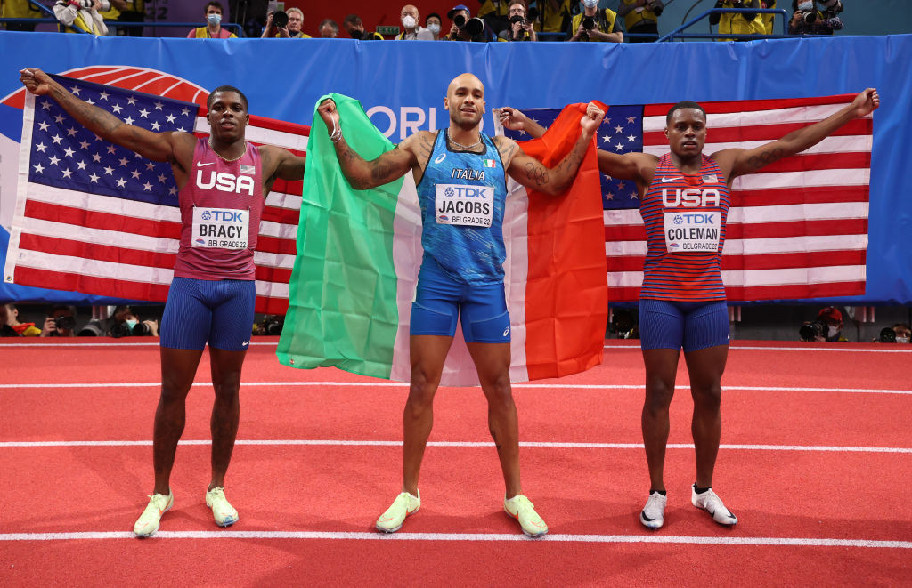 Marcell Jacobs, Italy's Olympic 100m champion, beat world 100m champion Christian Coleman to the world 60m indoor title in Belgrade ©Getty Images