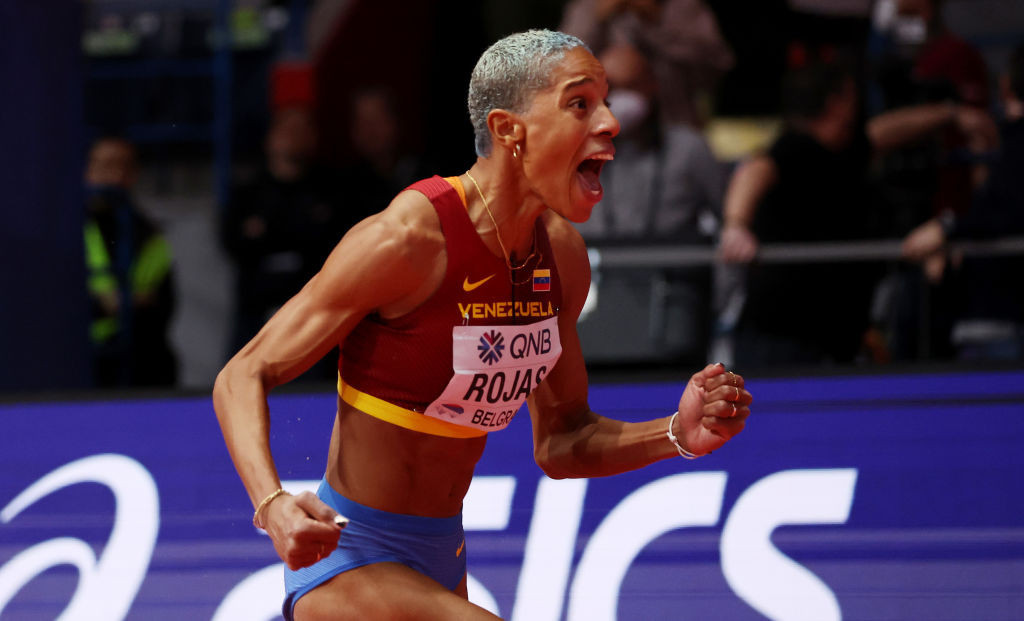 Venezuela's Yulimar Rojas celebrates a huge triple jump world record of 15.74m in Belgrade ©Getty Images