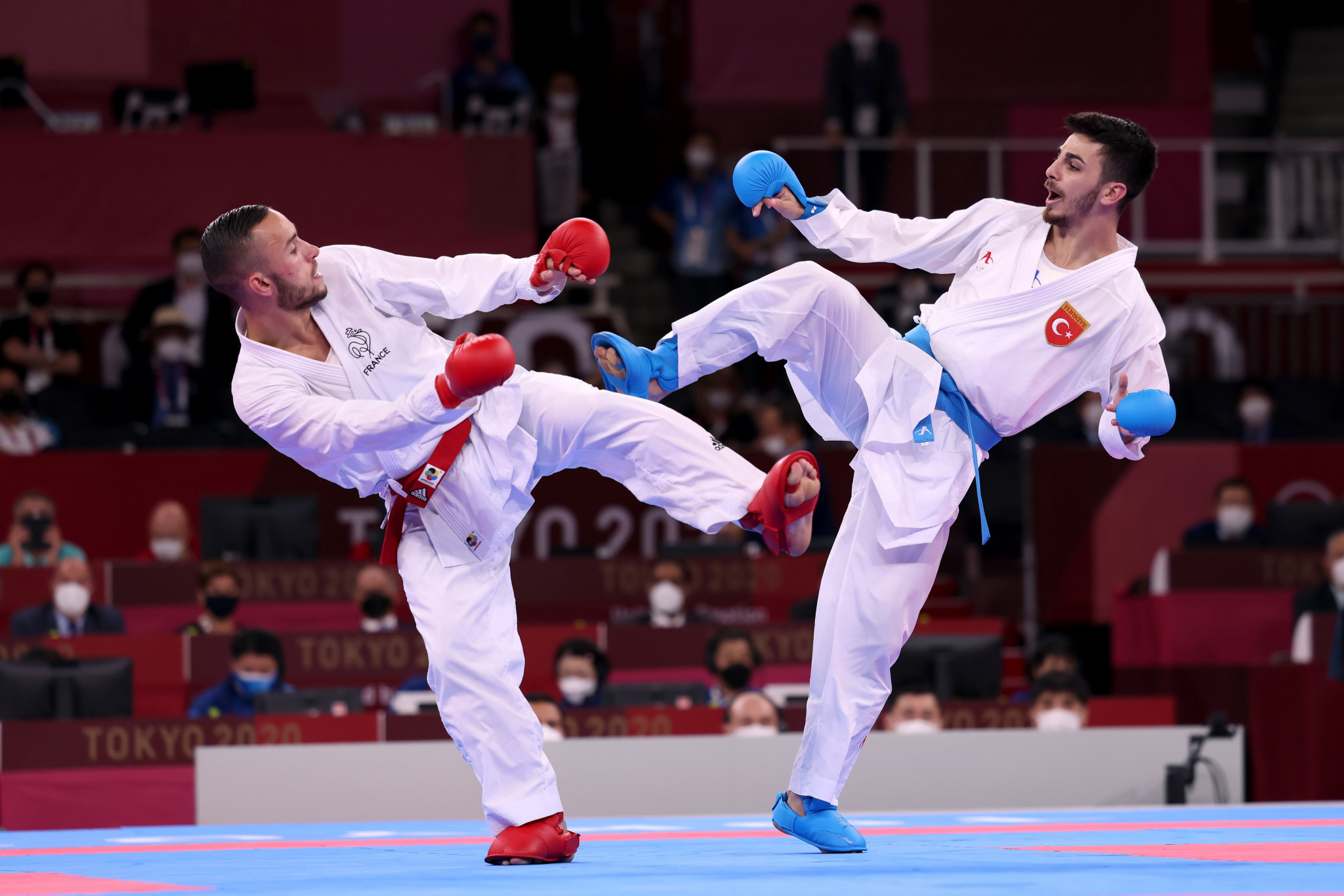 Steven Da Costa, left, was part of the men's kumite gold medal-winning team for France ©Getty Images