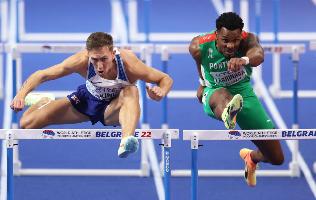 Britain's Dave King, left, got the luck of the draw to reach yesterday's men's 60 metres hurdles final at the World Athletics Indoor Championships in Belgrade ©Getty Images