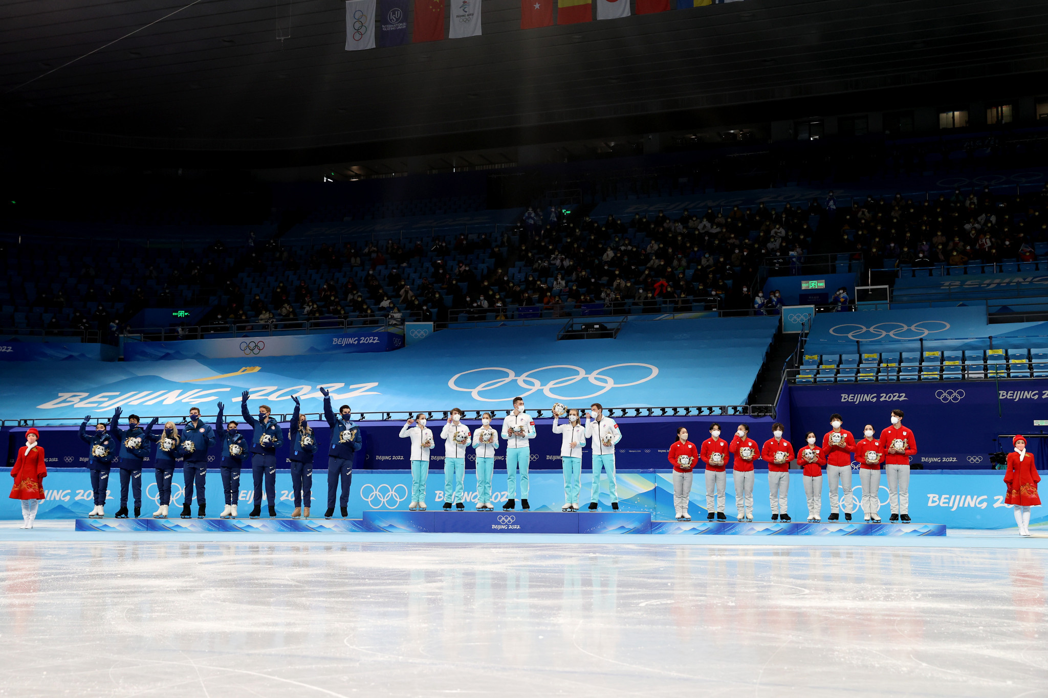 So far, no Olympic medals have been awarded for the skating team event at Beijing 2022 and will not be until a final decision is reached on Kamila Valieva's doping case - leaving the United States, left, and Japan, right, in limbo ©Getty Images