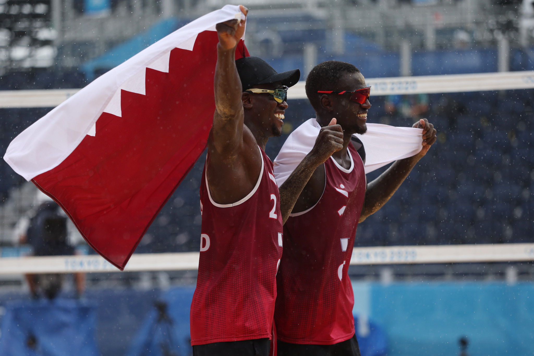 Ahmed Tijan and Cherif Younousse of Team Qatar celebrate after defeating Team Latvia during the men's bronze medal match on day fifteen of the Tokyo 2020 Olympic Games ©Getty Images