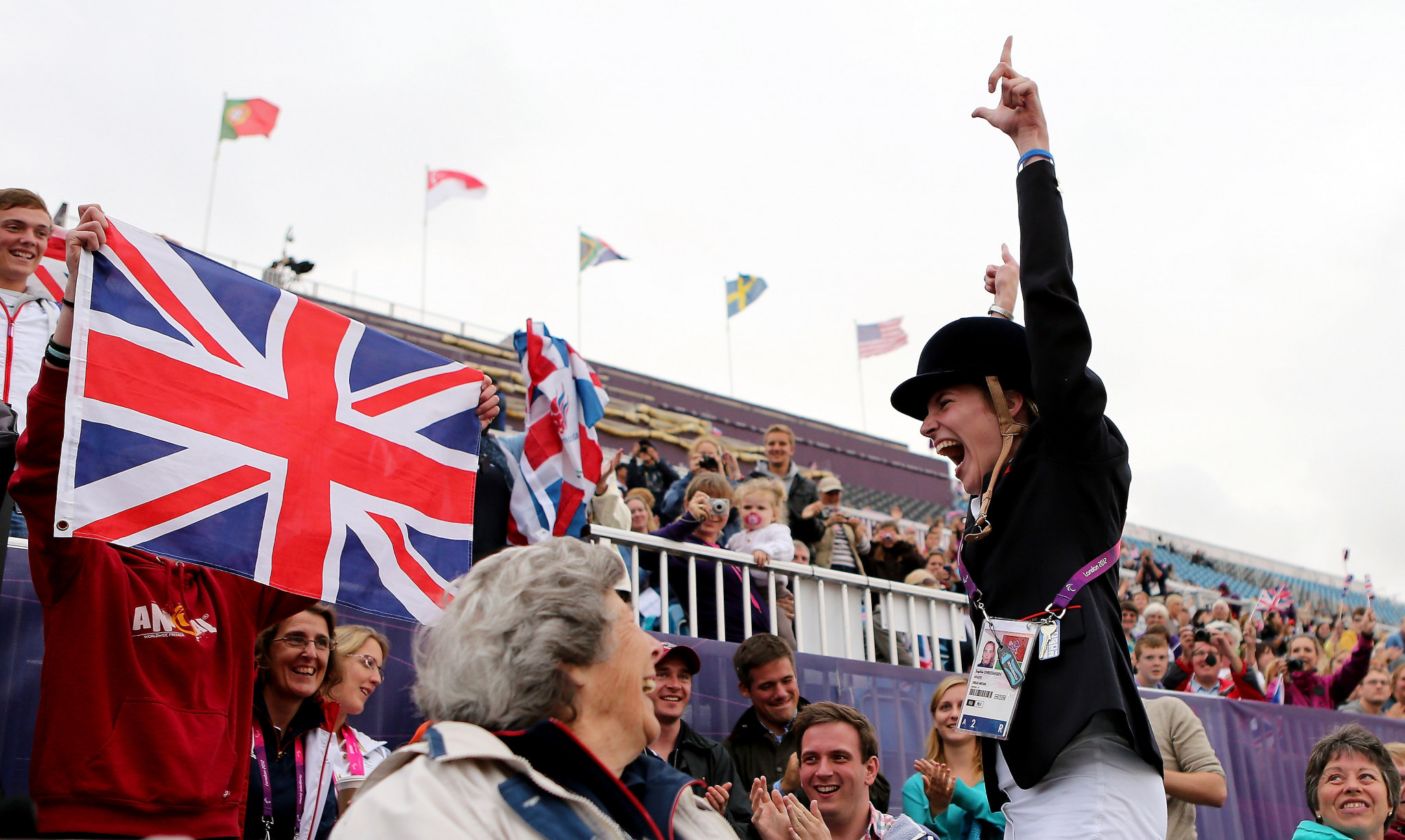 Sophie Christiansen celebrates winning the dressage gold medal at the London 2012 Paralympic Games ©Getty Images 

