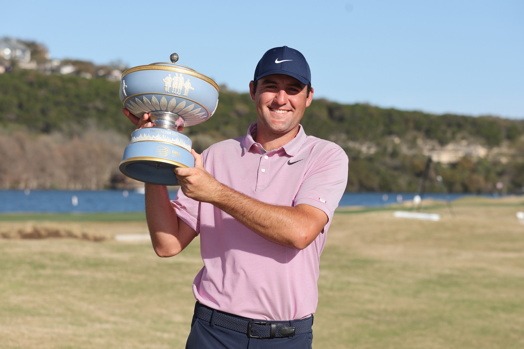 Scottie Scheffler holds the trophy after winning the WGC-Dell Technologies Match Play in Texas ©Getty Images