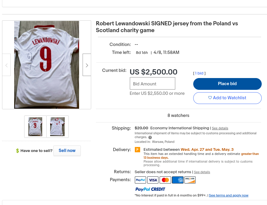 A signed Robert Lewandowski shirt is among the memorabilia being auctioned ©eBay