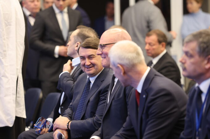 Russia’s Deputy Prime Minister Dmitry Chernyshenko, centre, was joined by Vladimir Putin Presidential aide Igor Levitin, left, and Sports Minister Oleg Matytsin, right, at the “We are together. Sport