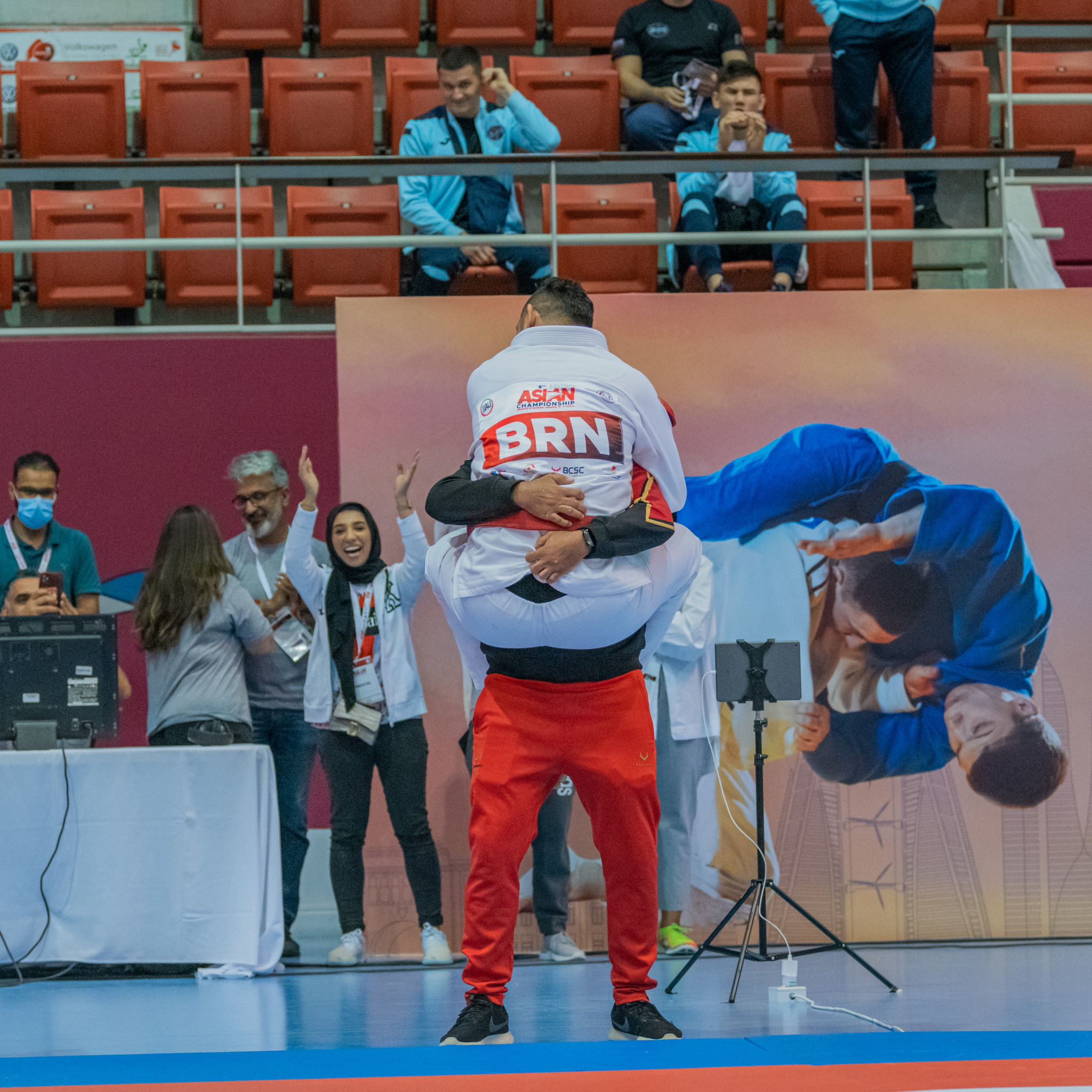Bahrain's Ahmed Al-Aradi celebrated his men's over-94kg gold medal - a marquee win for the host nation ©JJAU