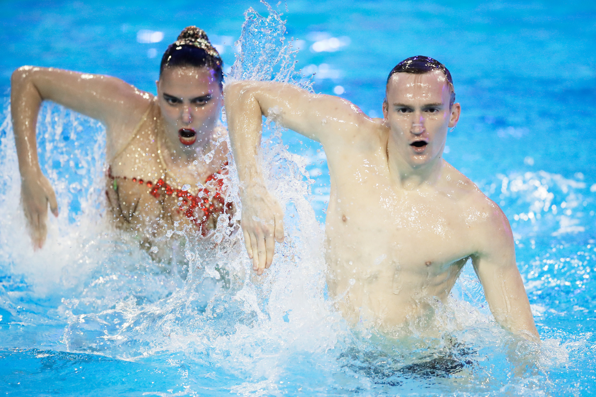 Mayya Gurbanberdieva, left, and Aleksandr Maltsev, right, took gold in the mixed duet technical event as Russia won four of the five events contested in the first leg of the FINA Artistic Swimming World Series ©Getty Images